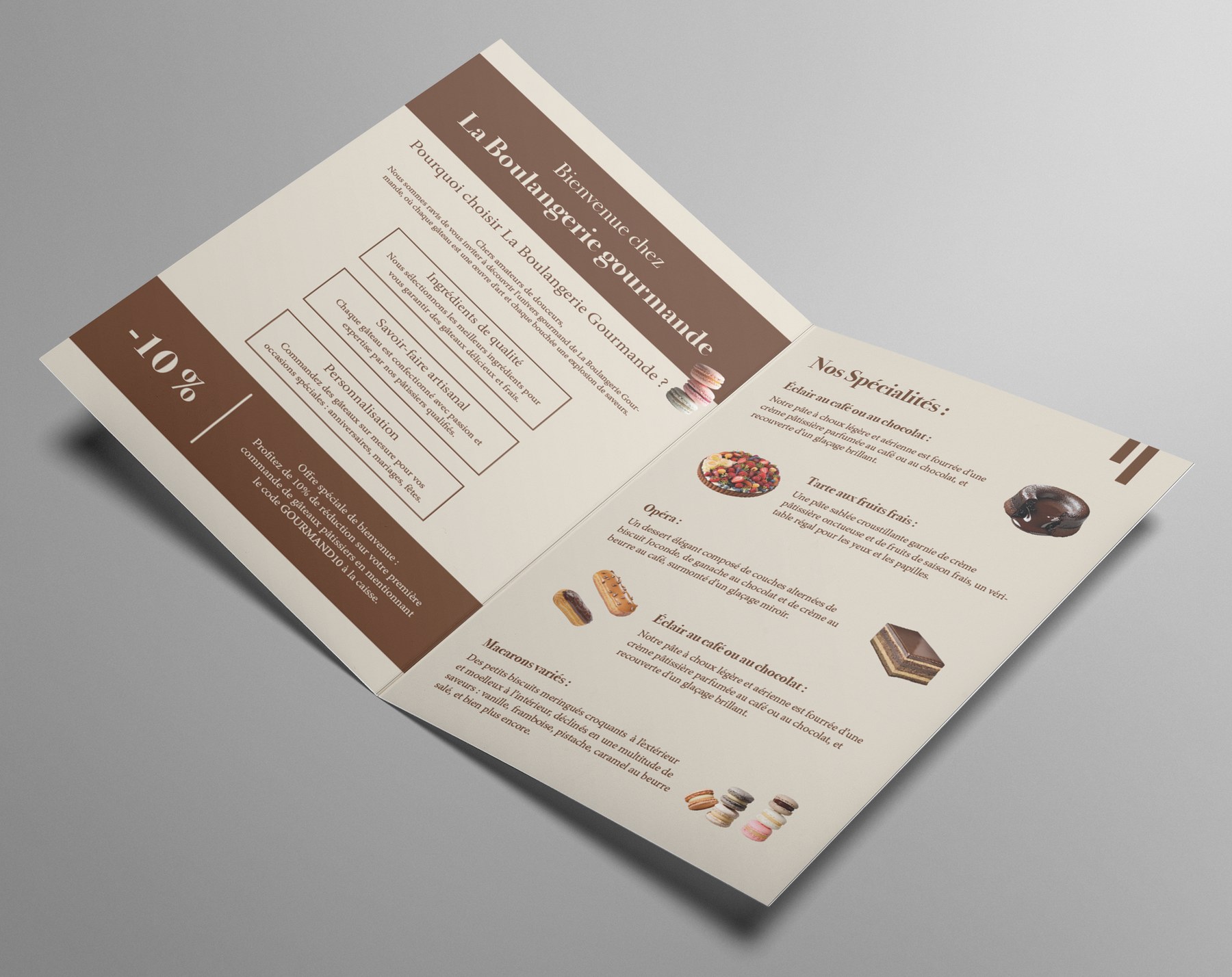 Mockup de la brochure La Boulangerie Gourmande, vue ouverte