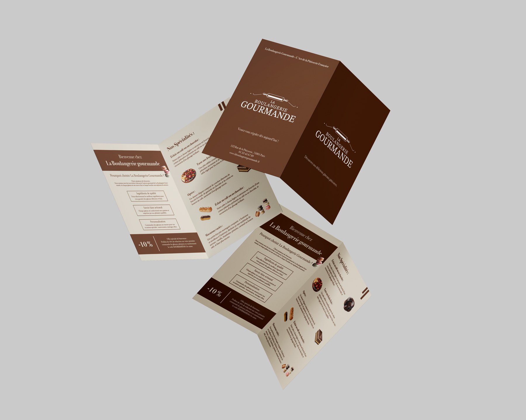 Mockup de la brochure La Boulangerie Gourmande, vue pliée