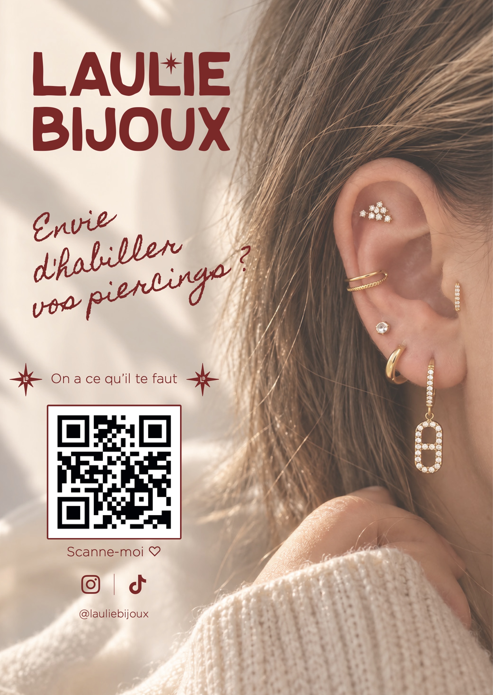 PLV A6 Laulie Bijoux, avec l'accroche Envie d'habiller vos piercings et un QR code